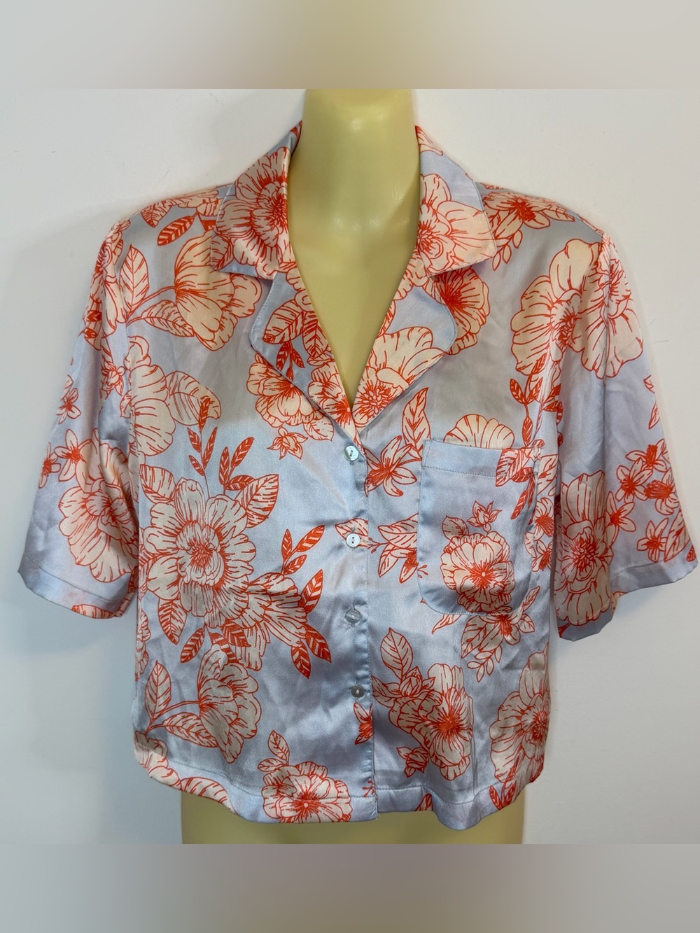 Joie Floral Satin Button-Front Crop Top in Light Blue and Coral